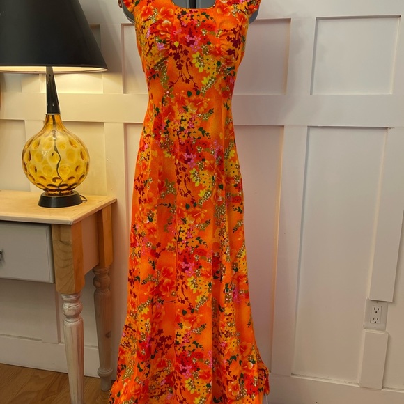 Vintage 70’s Floral Orange Maxi Dress Size Small - Picture 2 of 6